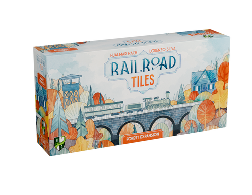 Expansion box, depicting a train moving between two towns nestled among trees