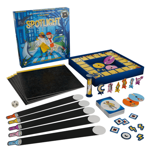 game components cards, coded boards and decoding flashlights