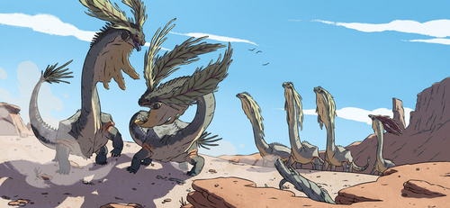 Two large creatures fight in a desert landscape