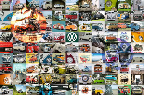 99 VW Camper Van Moments 3000pc image featuring a collage of photographs of VW vans