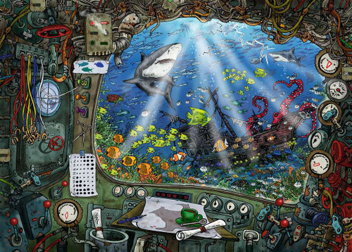 Submarine 759pc Escape Puzzle image featuring a cartoon depicting of a submarine control panel looking out over a shipwreck