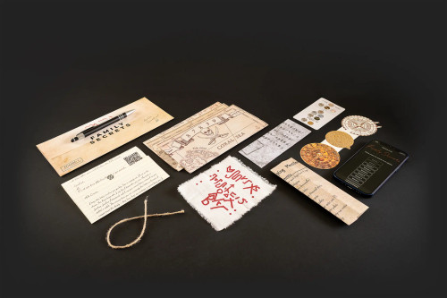 Game components arranged on a tabletop