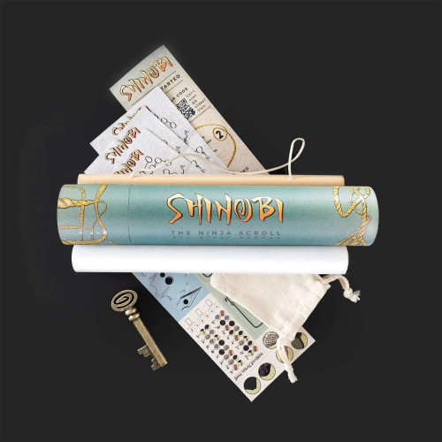 Ninja scroll-style packaging with game components underneath it