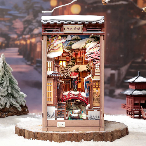 Completed book nook model of a Japanese street scene in the snow