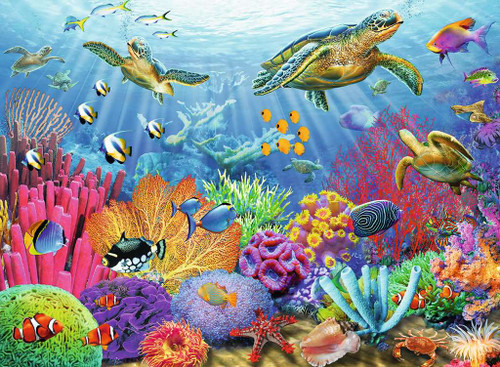 Tropical Waters 500pc image featuring colorful sea life and coral reef