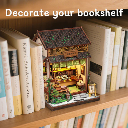 Completed model on a bookshelf