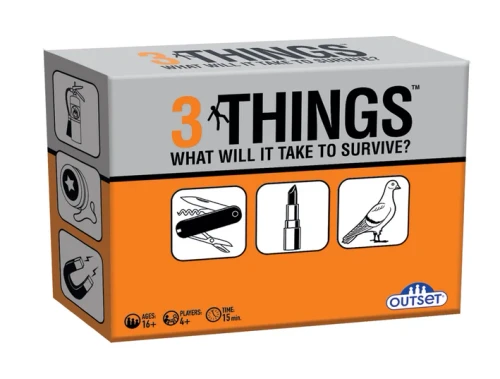 Game box depicting three tiles from the game: a pocket knife, lipstick, and pigeon