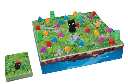 the box with grid and different colored houses and a black cat