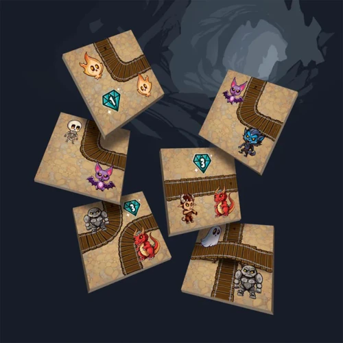 Game tiles featuring mine cart tracks and monsters
