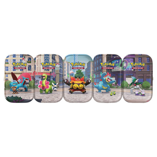 tins lined up to make a cityscape with 5 different pokemon.