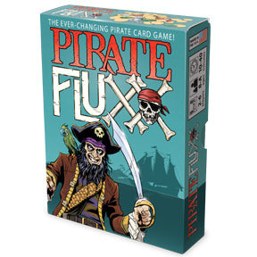 front of the card box teal featuring a pirate with a sword and parrot