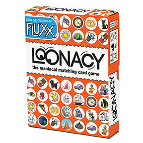 orange Loonacy card box with white circles with variant objects