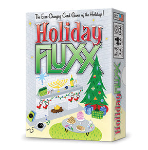 white fluxx card box with a fireplace tree and food