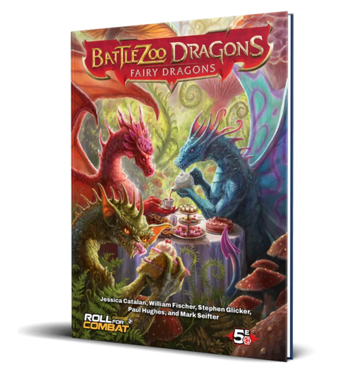 Book cover, depicting a trio of dragons sitting down for tea at a nicely set table in the wilderness