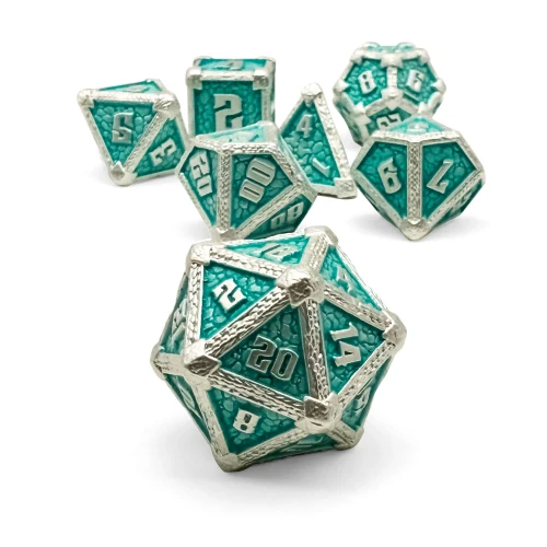 Set of 7 teal and silver metal dice