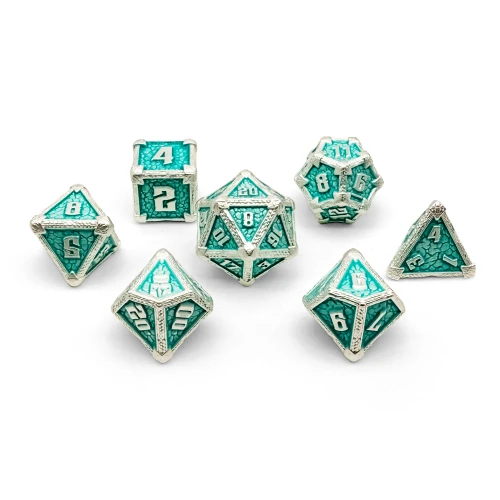 Set of 7 teal and silver metal dice