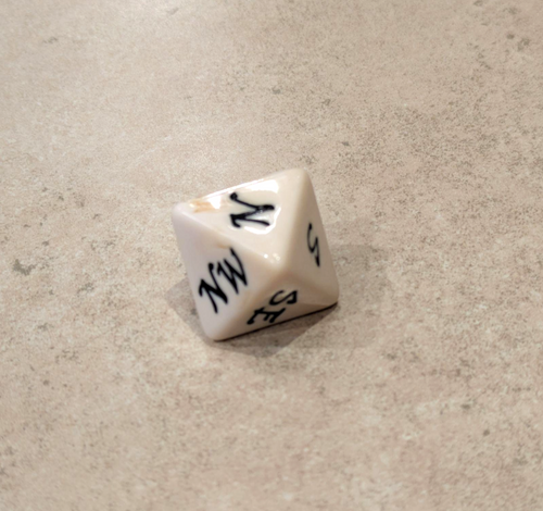 Eight sided die with cardinal and ordinal directions on its faces