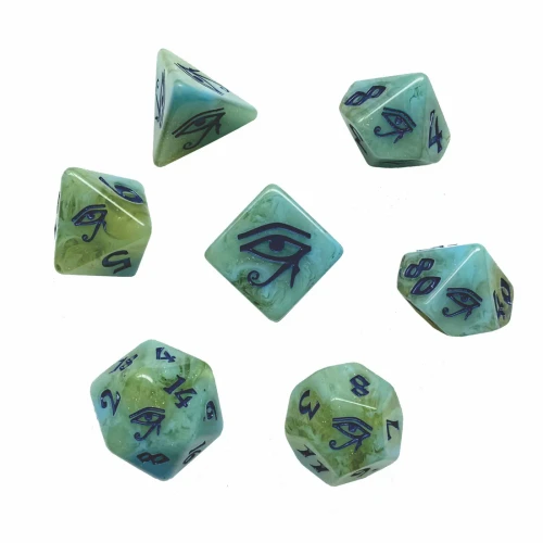 Blue and green RPG dice with the Eye of Horus symbol representing the high value roll on each die