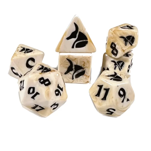 RPG polyhedral dice set with Anubis's head symbol for the high value on each die