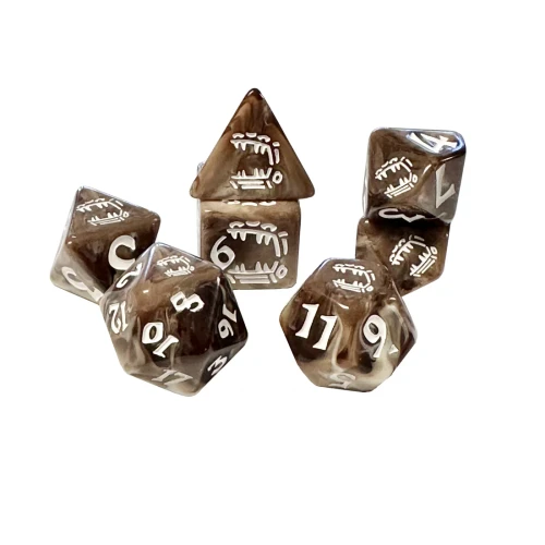 Brown dice set with white numerals, mimic teeth symbols for highest value rolls on each