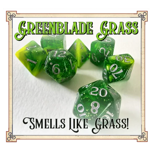 Green and silver dice with a banner reading "Smells like grass"
