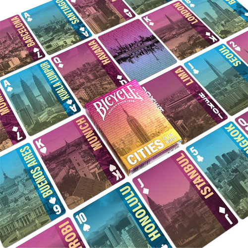cities of the world with blue and pink hues with boarder with yellow font