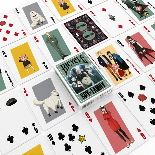 front and back of cards with characters and in muted green yellow and pink hues