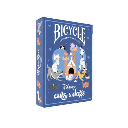 front of cards with blue/purple box and cartooned cats and dogs