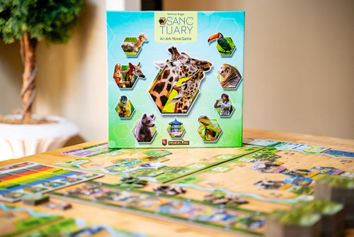 front of light blue box with a giraffe center