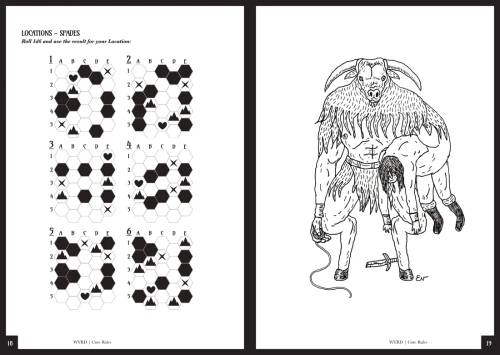 Interior page spread, hex position charts and a minotaur like creature