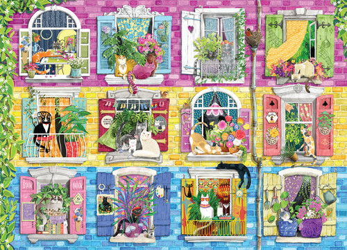 windows with lots of personality plants and cats