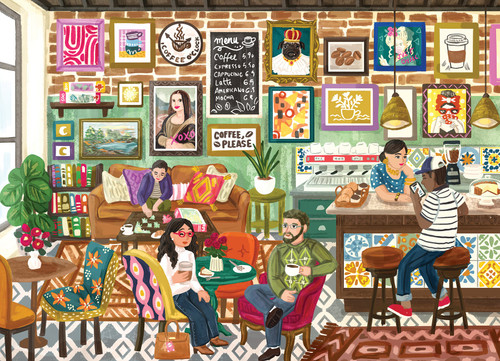 a coffee shop with lots of plants, people, art and cozy