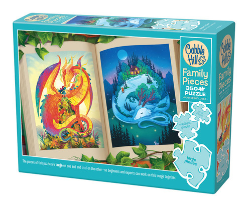front of puzzle cover with blue border and two dragon pages bright colors on one and cool colors on the other