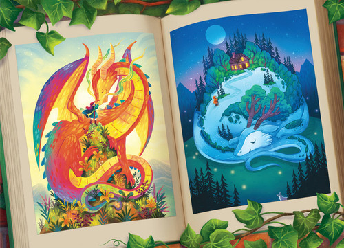 two dragon pages bright colors on one and cool colors on the other