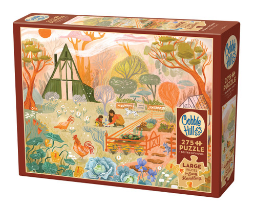 front of puzzle box featuring a warm colored gardening scene with an adult and child