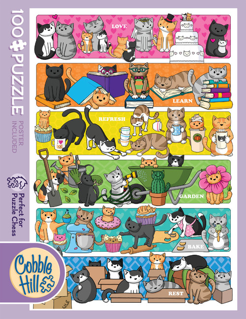 front of puzzle box with purple boarder with cats up to mischief