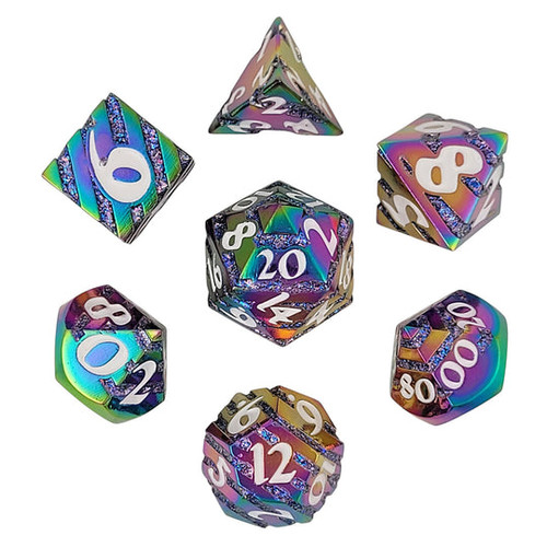 the 7 dice set rainbow metal with purple bands and white numbers