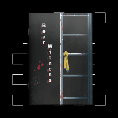 Book cover art, depicting a yellow cloth tied to a bloody metal ladder
