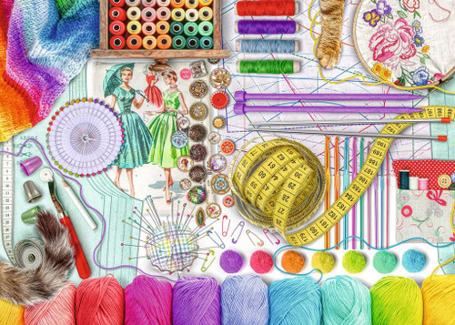Needlework Station puzzle image featuring a colorful well-organized tabletop of materials for sewing, knitting and crocheting 