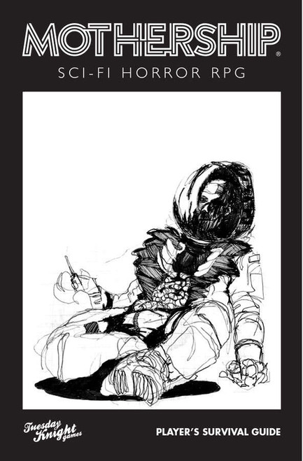 Cover art, a sketch illustration of a crumpled spacesuit with a stomach wound and a skull showing through the helmet
