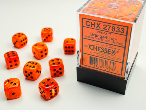 Orange patterned six-sided dice with black pips
