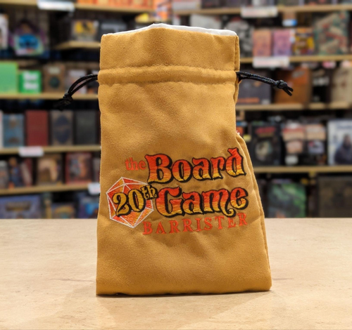 Tan-color dice bag with Board Game Barrister 20th Anniversary logo embroidered