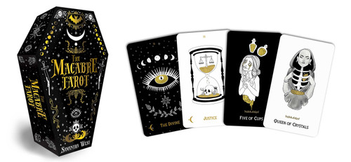 Tarot box in the shape of a coffin, with four example cards