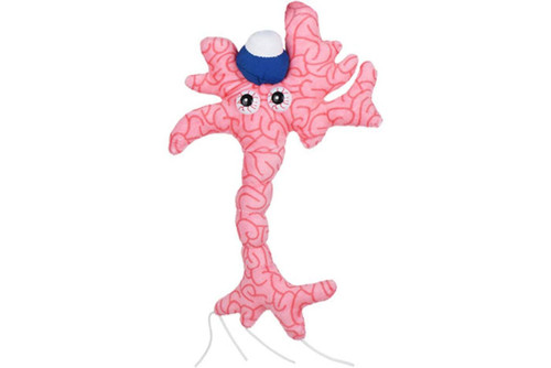 pink plush with swirling brain pattern, bloodshot eyes and an ice pack on its head