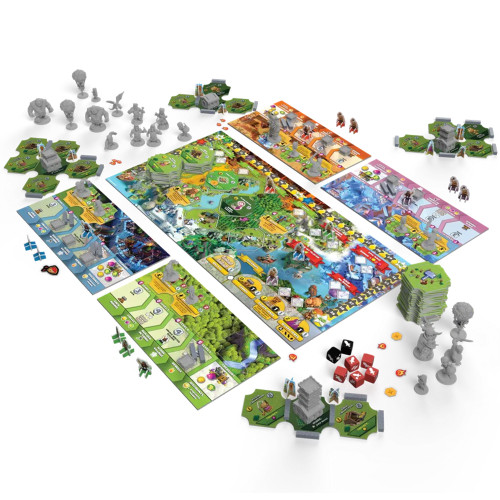 the game lay out with tiles, miniatures, dice