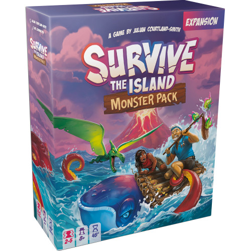 front of the game box featuring 2 characters on a raft surrounded by angry creatures