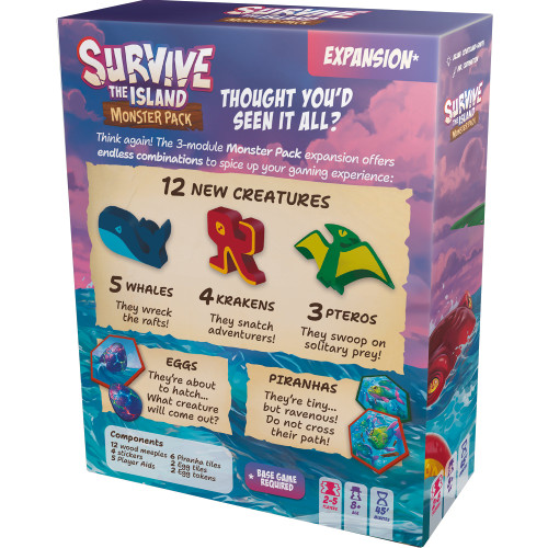 back of the game box with wooden monster meeples Krakens, Whales, Pteros