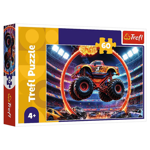 Puzzle box depicting a monster truck soaring through the air in an enormous stadium
