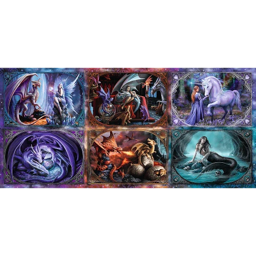 6-panel puzzle image, each panel featuring a fantasy creature