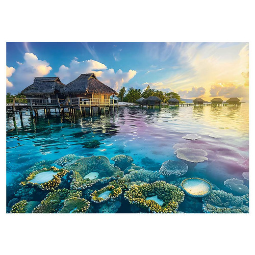 Puzzle image, a sunset scene over huts on stilts and a reef